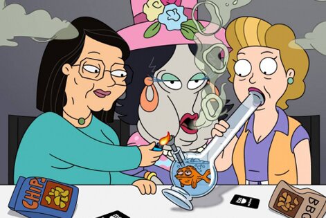 Roger and Klaus from American Dad join some ladies in hitting a bong